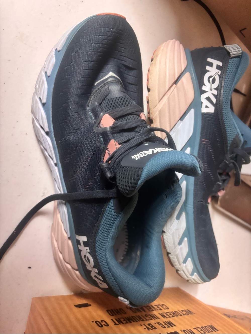 HOKA womens Navy and Peach Running Shoes
